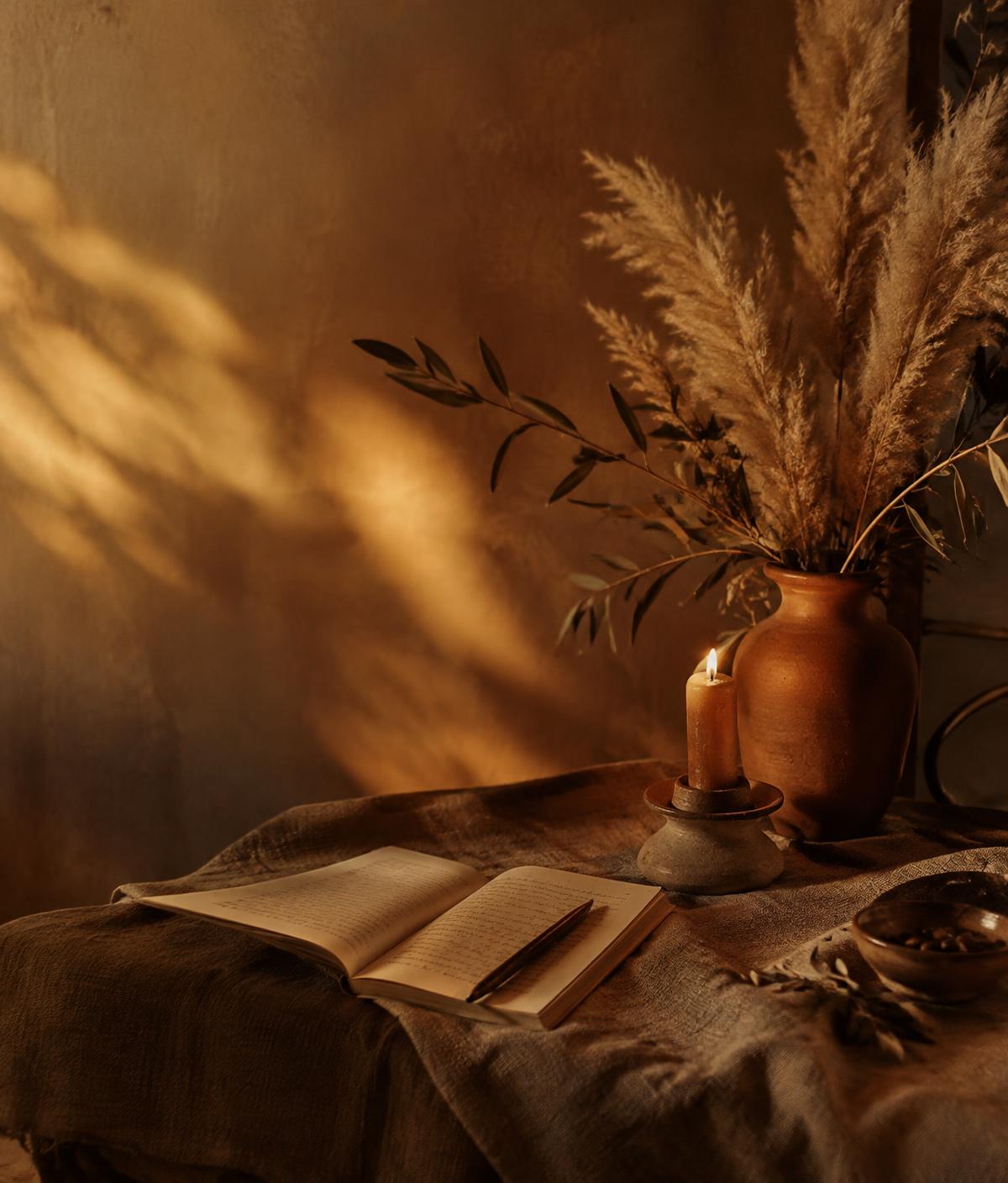 A candle, open journal, and dried botanicals in golden light